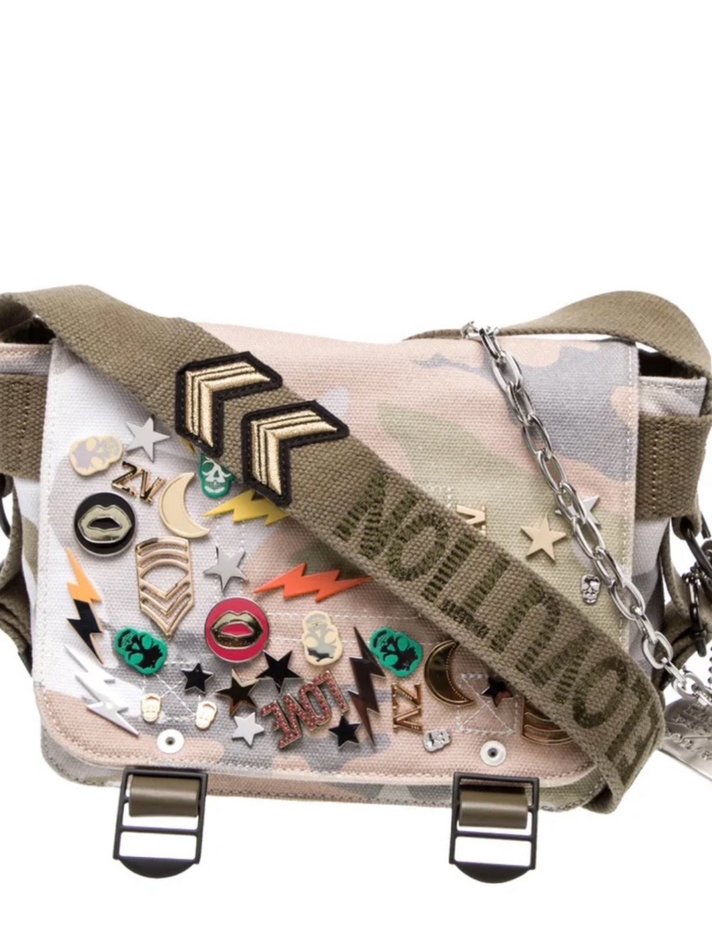 Zadig & Voltaire Beige Green Canvas Crossbody Bag with Studded Pins